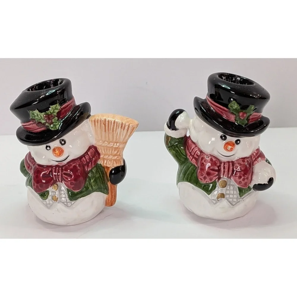 Snowman Taper Candle Holders Set of 2 White Red Green Good Ceramic